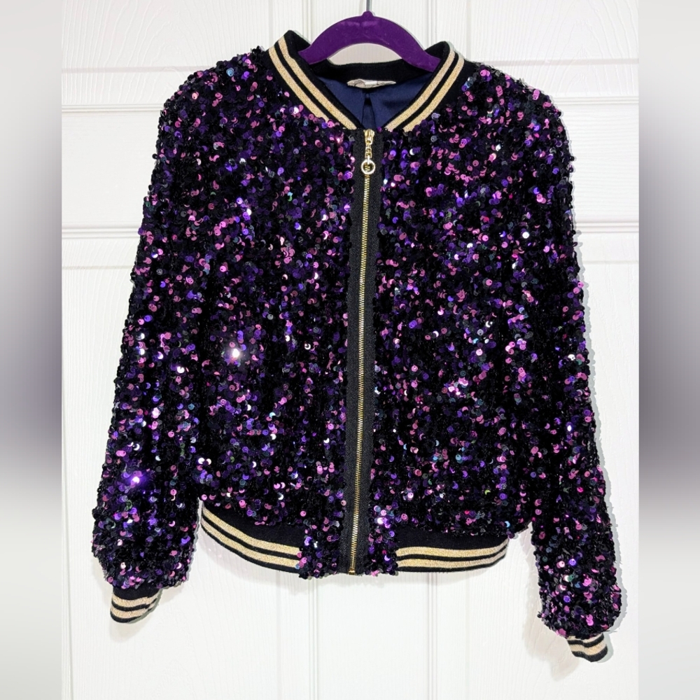 ๐Host Pick๐ Hannah Banana Purple Sequin Girls Bomber Jacket -Sz 10 - Picture 4 of 7
